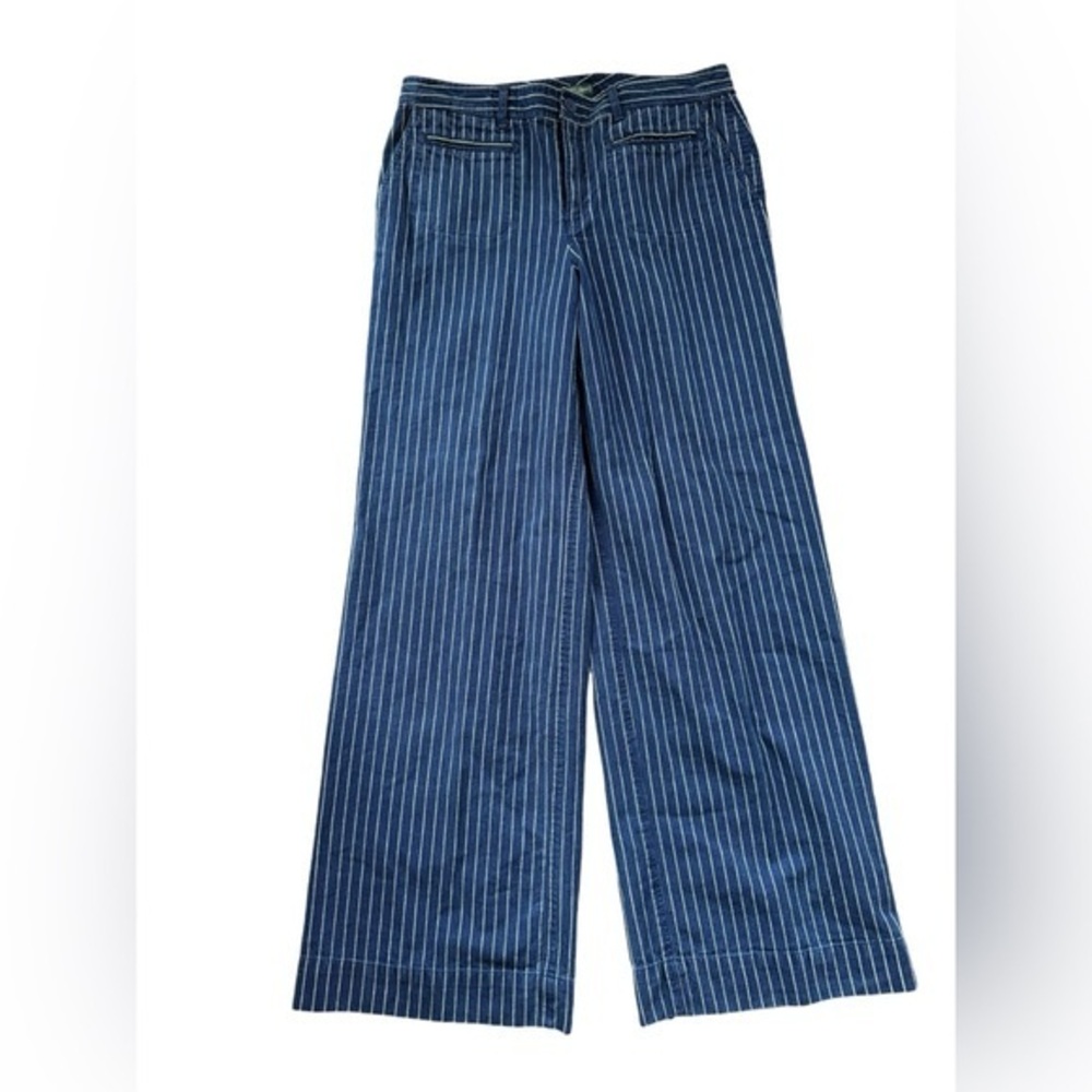 Ralph Lauren jeans co women’s blue Pinstriped cotton linen Wide-Leg Pants 8 NEW